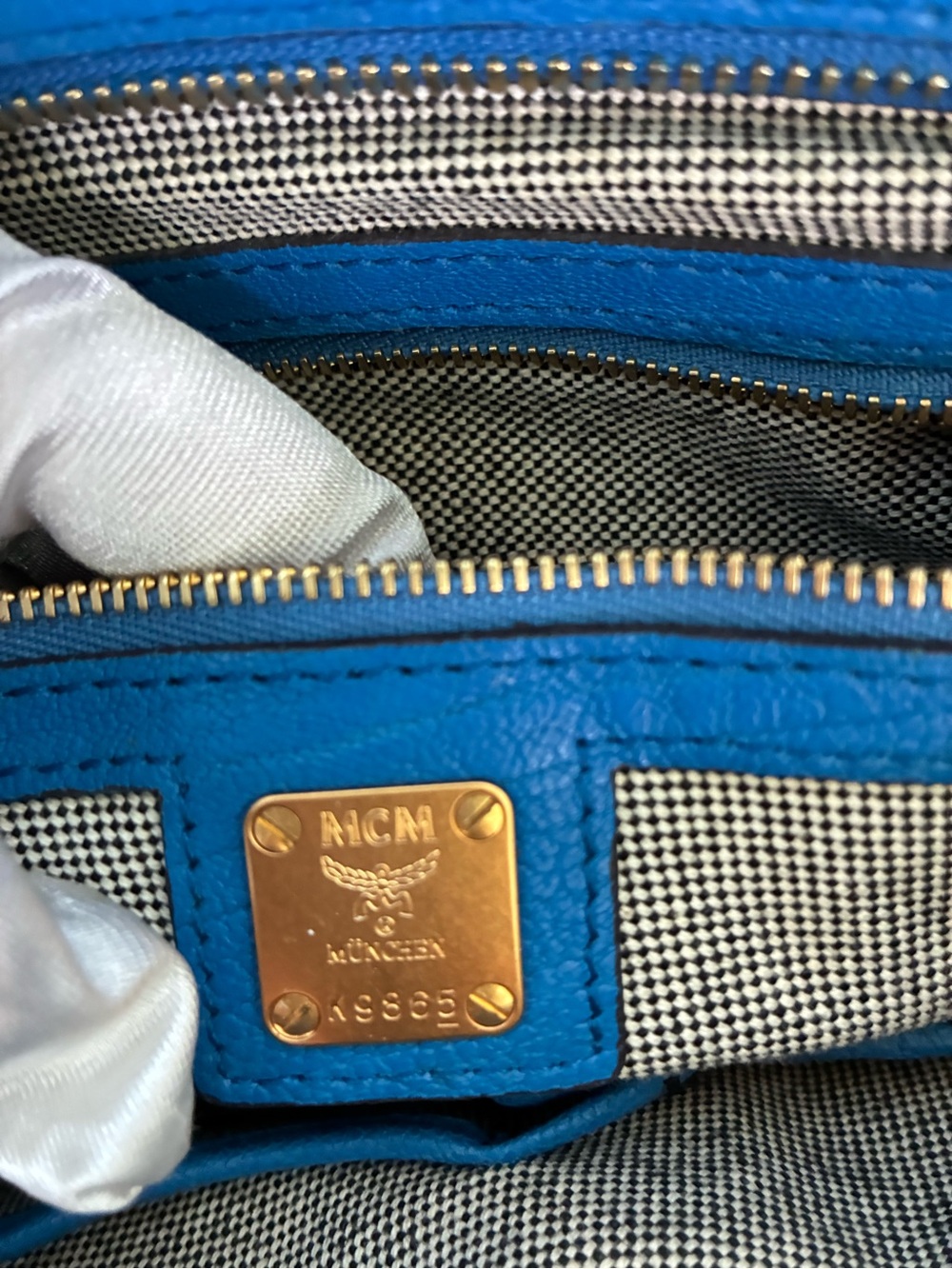 MCM Blue Pebbled Leather Studded Satchel Crossbody Bag Gold Hardware - Picture 9 of 13